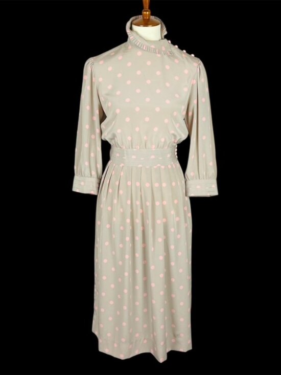 Vtg 80s Albert Nipon Executive Dress Sz 6 Polka Dot Puff Pleated Ruffle Feminine - Picture 2 of 6